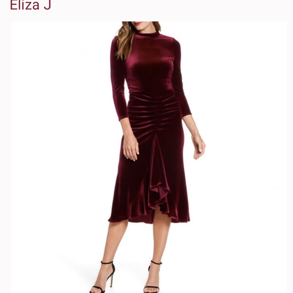 Eliza J velvet ruched mid length dress- burgundy